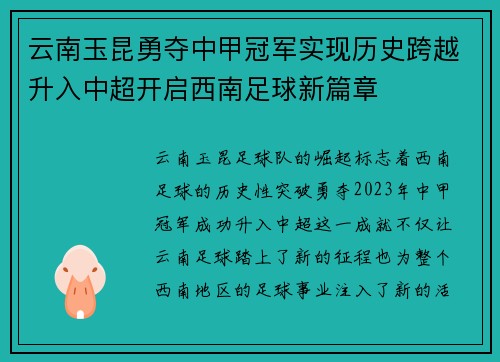 云南玉昆勇夺中甲冠军实现历史跨越升入中超开启西南足球新篇章