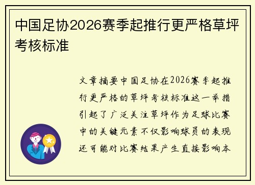 中国足协2026赛季起推行更严格草坪考核标准